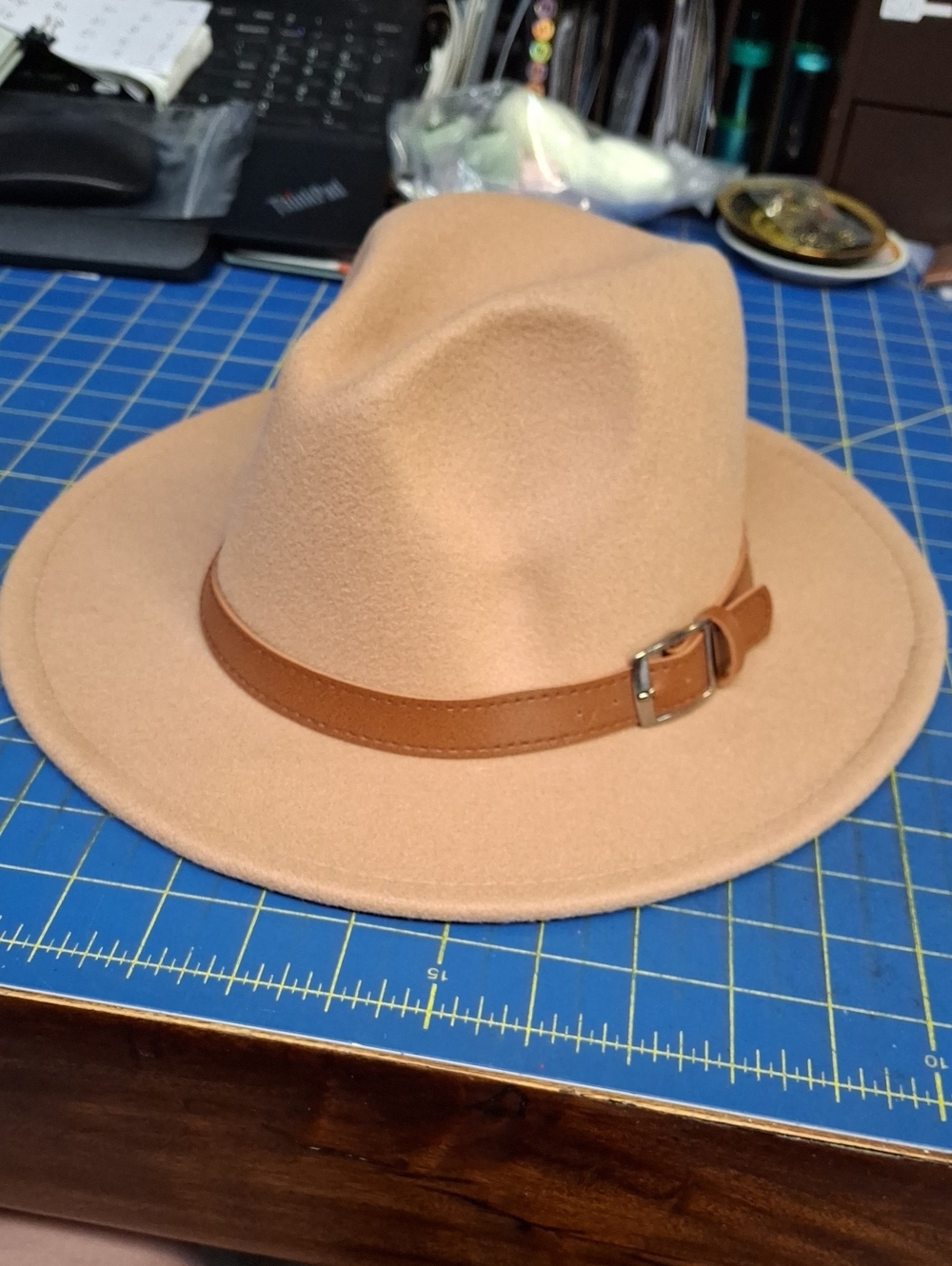 Wide Brim Tan 35% Wool Fedora Pleather Band NWOT